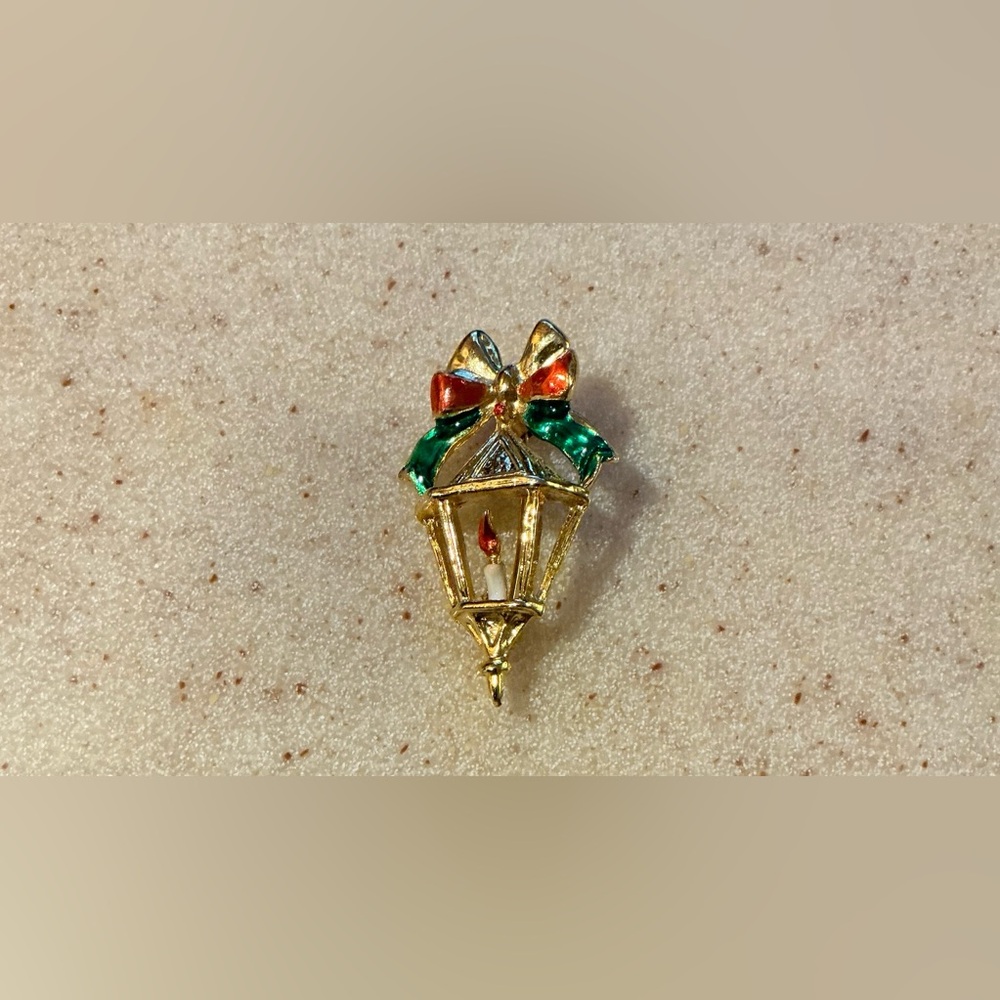 Festive Gold and Green Lantern Brooch